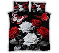 Romantic Roses Single Duvet Cover Set Butterflies Bedding Set 3D Print Soft Microfiber Quilt Covers 155x200 cm with Zipper Closure and 2 Pillowcases 50x75 cm for Teens L.4706