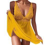 Romantic Satin Lace Lingerie Sets for Women's Large Sizes | V-Neck Nightdress with Adjustable Straps | Size S-2XL | Valentine's Tumble Dryer Safe Nursing Friendly Yellow