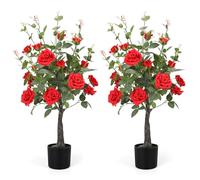 Romantic season 2Pack Artificial Rose Flower Trees, 42Inch Red Faux Rose Tree with Green Leaves for Living Room Office Home Outdoor Indoor Decor