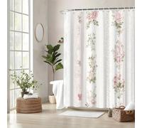 Romantic Shower Curtain, Vintage Pink Roses Lace Floral Shower Curtain, Machine Washable Bathroom Decor with12 Hooks Included 71x71 Inch