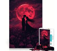 Romantic Silhouette Under Red Moon Jigsaw Puzzle for Teenagers 1000 Pieces Boost Recall Tension Relief Tight Edge Fine Art Piece (38x52cm)