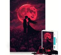 Romantic Silhouette Under Red Moon Jigsaw Puzzles 1000 Piece for Teenagers Pure Logic Toy Gentle Relax Clean Cut Fine Art Piece (38x26cm)