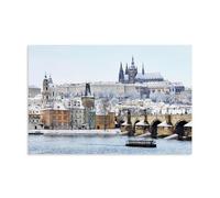 Romantic Snowy Prague Gothic Castle With The Charles Bridge, Czech Republic Poster Canvas Wall Decor Art Painting Prints on Modern Artwork for Living Room,Bathroom,Bedroom,Home 16x24inch(40x60cm)
