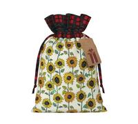 Romantic Sunflowers Print Festive Plaid Gift Bag, Candy Bag, Drawstring Burlap Pouch For Holiday Presents Favor-M