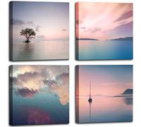 Romantic Sunset Beach Canvas Wall Art - Ocean Pictures Prints Colorful Seascape Painting Artwork for Bedroon Living Room, Bathroom - Office Kitchen Wall Decor 12"x 12" x 4 Panels
