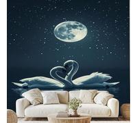 Romantic Swan Couple Mural Wallpaper Moon Swan Wall Stickers Starry Sky Non-Woven Wall Paper 400x280 cm Peel and Stick Paper for Living Room Bedroom ad82q