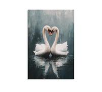 Romantic Swan Couple Wall Art Elegant White Swans Forming Heart Shape on Water Modern Animal Print Living Room Bathroom Decor Serene And Minimalist Nature Poster Artwork Gift 08x12inch Unframe