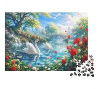 Romantic Swan Lake 1000 Piece Jigsaw Puzzle for Adults | 38x26cm Serene swans and vibrant flowers create a relaxing screen-free activity for solo or shared puzzle time