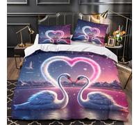 Romantic swans 3D Printed 3 Piece Set Comforter Cover Heart glowing fantasy Duvet Cover Super Soft Microfiber Invisible Zipper Dust Mite Resist for Teens Young Adults Seniors Double（200x200cm）