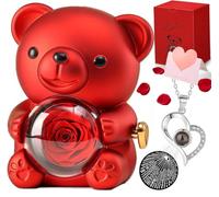 Romantic Teddy Bear with Preserved Rose, Flower Rose Teddy Hidden Jewelry Box with Heart-Shaped Necklace Red Gift Box and Postcard, Rose Valentine's Day Gift Box for Women on Anniversary (Red)