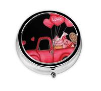 Romantic Truck Heart Balloon Print Mini Metal Pill Box 2.0x2.0x0.7 in Round Travel Medicine Pill Organizer Box for Purse Pocket