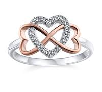 Romantic Two Tone Pave CZ Accent Cubic Zirconia Crossover Intertwined Infinity& Heart Promise Ring For Women Rose Gold Plated .925 Sterling Silver