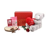 Romantic Valentine Hamper Gift Set - 14 Inch 36cm Grey Teddy Bear Holding Red I Love You Heart Rose Chocolate Bar Eton Mess Sweets Present Him Her Luxury Collection