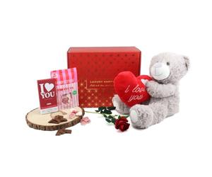 Romantic Valentine Hamper Gift Set - 14 Inch 36cm Grey Teddy Bear Holding Red I Love You Heart Rose Chocolate Bar Eton Mess Sweets Present Him Her Luxury Collection
