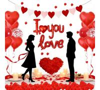 Romantic Valentine's Day Party Supplies with Will You Marry Me Decorations, Includes Heart Garland, Rose Petals and I Love You Balloons for Engagement Anniversary Birthday Surprise Party