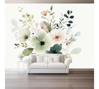 Romantic Watercolour Plant Leaf Flower Pattern Non-Woven Wallpaper | Cottage Country Style White Wallpaper, 200x140cm Feature Wallpaper for Bedroom Adults Teenager Living Room