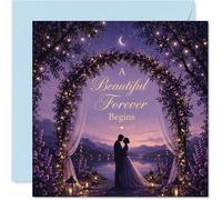 Romantic Wedding Card - A Beautiful Forever Begins - Dreamy Lakeside Couple under a Flower Arch with Lanterns and Night Sky - 145mm Square, Envelope Included