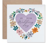 Romantic Wedding Card - Celebratory Floral Heart Wreath - Painted Blooms in Vibrant Lavender and Pink - Warm Wishes for the Happy Couple - 145mm Square, Envelope Included