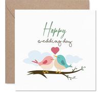 Romantic Wedding Card - Chirpy Lovebirds on a Branch - Cartoon Birds with Heart Motif in Cheerful Colours - A Sweet Way to Mark Their Special Day - 145mm Square, Envelope Included