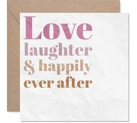 Romantic Wedding Card - Love, Laughter and Happily Ever After - Warm Blush and Rose Gold Stacked Typography - 145mm Square, Envelope Included