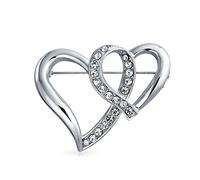 Romantic Wedding Holiday Clear Glittering Crystal Bridal Fashion Large Statement Open Interlocking Double Heart Scarf Brooch Pin For Women Silver Plated