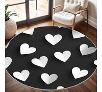 Romantic White Heart Round Rugs 80cm, Non Slip Area Rugs for Bedroom & Living Room - Soft Machine Washable Black Circle Carpet, Non Shedding Floor Mats for Home Room Decorative