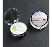Romantic White Sand Landscape Pill Box 3 Compartment Round Portable Pill Case for Pocket or Purse Pill Holder Weekly Pill Organizer Decorative Metal Medicine Vitamin Organizer Travel Gift