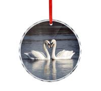 Romantic White Swan Glass Circular Pendant Personalization Christmas Tree Hanging Ornaments Funny Round Glass Hanging Pendants Holiday Decor for Party Xmas Wedding