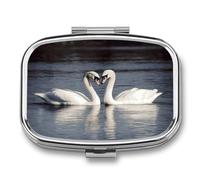 Romantic White Swan Pill Box 2 Compartment Small Square Pills Case Portable for Pocket Pill Organizer Travel Metal Pill Holder for Office Home Vitamin Medicine Fish Oil