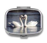 Romantic White Swan Pill Box,2 Compartments Square Pills Container,Portable for Pocket Or Purse Pill Organizer to Hold Vitamins,Medication,Fish Oil,etc