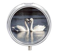Romantic White Swan Round Pill Box 3 Compartment Small Pill Box Round Portable Pill Case to Hold Vitamins Medication Fish Oil and Supplements Travel Purse Pocket Gift