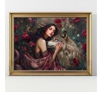 Romantic Woman and Wolf Theme Wall Art Poster-Mystical Fantasy Painting in a Rose Garden, Enchanting Animal Lover's Artwork, Magical Home Decor (24L x 16W,Unframe-style)