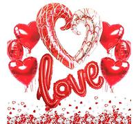 Romantic XXL Love Balloons Set - 6 Heart Helium Foil Balloons, Red and Silver Heart Shape Confetti for Wedding Proposal Valentine’s Day Decorations