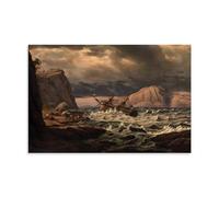 Romanticism Poster Featuring J.C. Dahl's 1831-1832 A Shipwreck on The Coast of Norway - Nautical Wall Decor with Storm Waves And Mountainous Shore Wall Art Aesthetic Canvas Painting Picture Living Roo