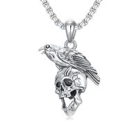 ROMANTICWORK 925 Sterling Silver Crow Skull Pendant Necklace - Punk Raven Jewelry Gifts for Men
