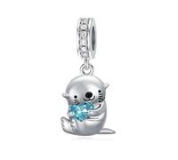 ROMANTICWORK 925 Sterling Silver Otter Charm March Birthstone Otter Charm for Otter Bracelets Otter Bead Otter Jewelry Gifts for Women Otter Lovers