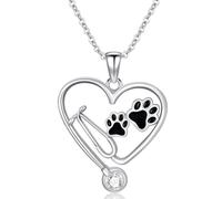 ROMANTICWORK April Birthstone Veterinary Stethoscope Necklace 925 Sterling Silver Nurse Vet Pendant with Dog Paw Nurse Jewelry Gifts for Veterinarian Nurse Women Veterinarian Gifts