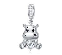 ROMANTICWORK April Hippo Charm 925 Sterling Silver 12 Months Birthstone Hippopotamus Charm for Hippo Bracelets Hippo Bead Hippo Jewellery for Women Hippo Lovers