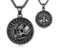 ROMANTICWORK Black Memento Mori Necklace for Men 925 Sterling Silver Tree of Life Necklace Carpe Diem Ankh Pendant Gothic Skull Amulet Jewellery Gifts