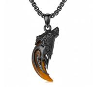 ROMANTICWORK Black Sterling Silver Tiger Eye Wolf Teeth Pendant Necklace - Wolf Tooth Jewelry for Men, Women & Gifts