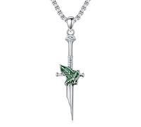 ROMANTICWORK Broken Sword Necklace 925 Sterling Silver Green Leaf Pendant Necklace Medieval Sword Jewelry, Birthday Christmas Gifts for Women Men