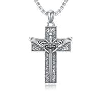 ROMANTICWORK Cross Necklace 925 Sterling Silver Sword Cross Necklace Cross Angel Wings Pendant Christian Religious Cross Jewelry Gifts for Men Women
