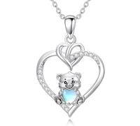 ROMANTICWORK Cute Teddy Bear Necklace 925 Sterling Silver Moonstone Heart Pendant Bear Jewelry Anniversary Birthday Christmas for Women Wife Daughter