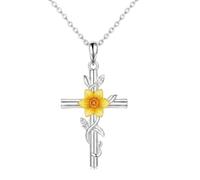 ROMANTICWORK Daffodil Necklace 925 Sterling Silver Cross Daffodil Pendant March Birth Flower Jewelry for Women Christmas Birthday
