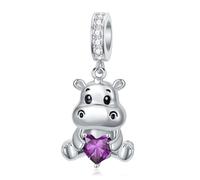 ROMANTICWORK February Hippo Charm 925 Sterling Silver 12 Months Birthstone Hippopotamus Charm for Hippo Bracelets Hippo Bead Hippo Jewellery for Women Hippo Lovers