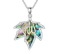 ROMANTICWORK Gold Plated Allah Necklace 925 Sterling Silver Abalone Maple Leaf Pendant Necklace Islamic Muslim Religious Jewellery For Women Men