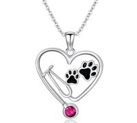 ROMANTICWORK July Birthstone Veterinary Stethoscope Necklace 925 Sterling Silver Nurse Vet Pendant with Dog Paw Nurse Jewelry Gifts for Veterinarian Nurse Women Veterinarian Gifts