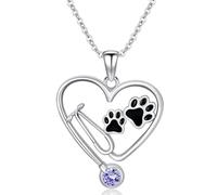 ROMANTICWORK June Birthstone Veterinary Stethoscope Necklace 925 Sterling Silver Nurse Vet Pendant with Dog Paw Nurse Jewelry Gifts for Veterinarian Nurse Women Veterinarian Gifts