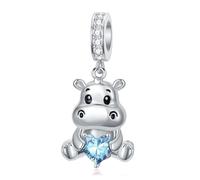 ROMANTICWORK March Hippo Charm 925 Sterling Silver 12 Months Birthstone Hippopotamus Charm for Hippo Bracelets Hippo Bead Hippo Jewellery for Women Hippo Lovers