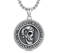 ROMANTICWORK Memento Mori Necklace for Men 925 Sterling Silver Death Clock Pendant Necklace Gothic Skull Pendant Amulet jewellery Gifts